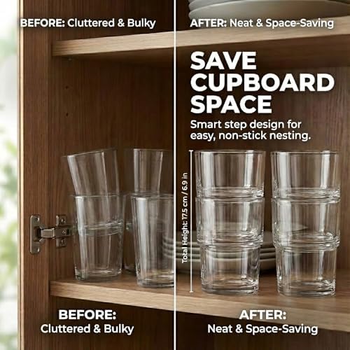 Clear Ribbed Glass Cups, Set of 6, 13 oz Stackable Drinking Glasses