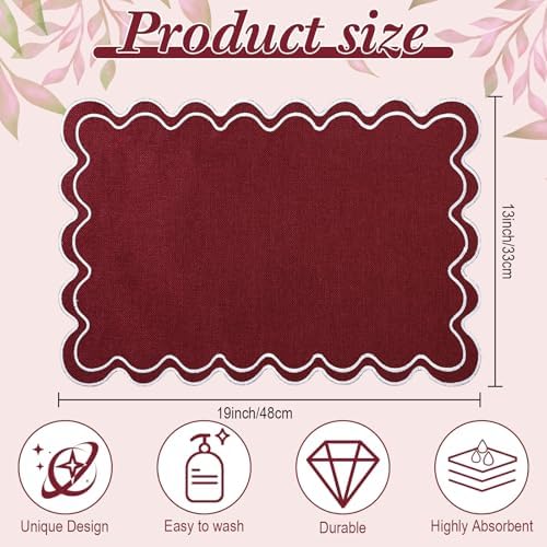 HunnmingRe Burgundy with White Scalloped Placemats Set of 6, Rectangle