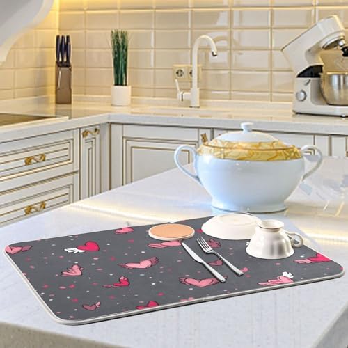 OTVEE Pink Wing Art Dish Drying Mat for Kitchen Counter Absorbent Heat