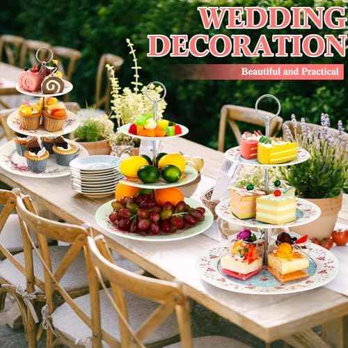 Dandat 4 Pcs 3 Tier Cake Stand Floral Ceramic Afternoon Serving Tray