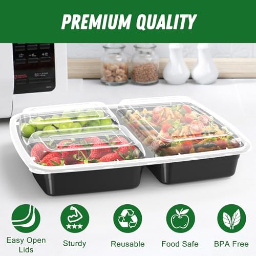 Dealusy 50 Pack 32 oz Meal Prep Containers with Lids 3-Compartment
