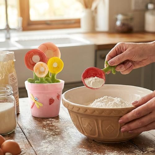 5 Set Ceramic Flower Measuring Spoons with Pot Holder