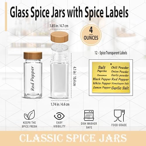 Glass Spice Jars with Bamboo Airtight Lids - (4 Pack) - 4 oz Square
