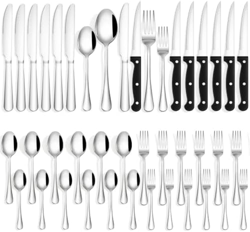 Quatish 36 Piece Silverware Set with Steak Knives, Cutlery Utensil