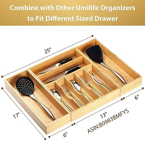 Umilife Bamboo Kitchen Utensils Organizer, Extra Long High Silverware