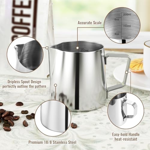 HULISEN Milk Frothing Pitcher, 6.8oz/200ml Stainless Steel Frother Cup