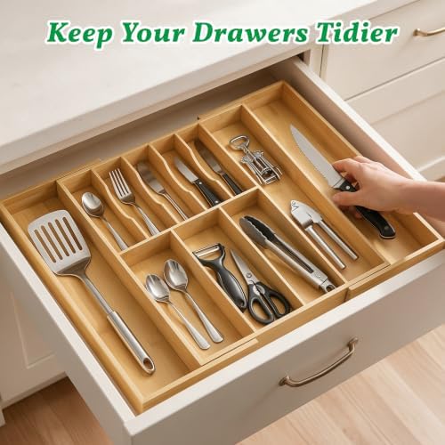 Bamboo Silverware Drawer Organizer, Expandable Utensil Tray, 17.3-30''