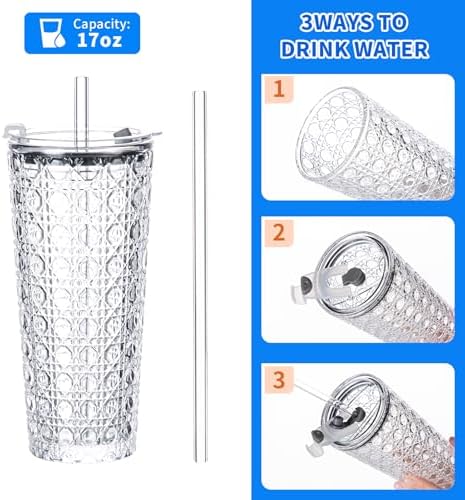 YUN TAO 16 oz Glass Cups with Lids and Straws, Set of 4 Clear Embossed