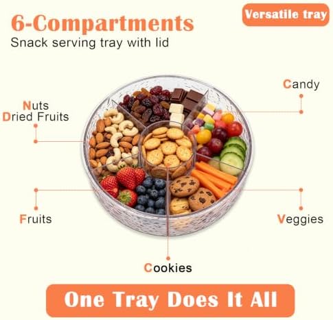Snack Tray with Lid, 6-Compartment Clear Storage Box