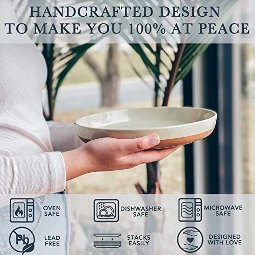MORA Ceramic Flat Pasta Bowl Set of 4-35oz, Microwave Safe Plate with