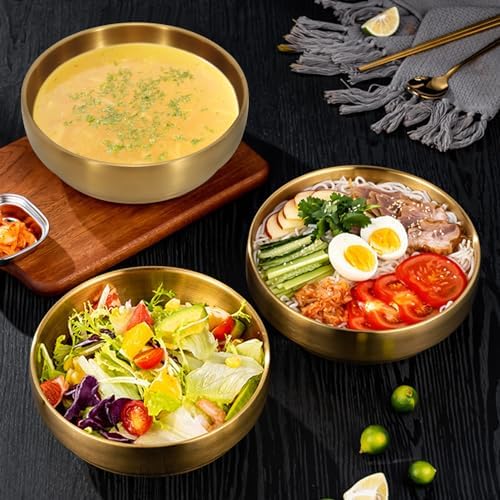2Pcs 7.3In Gold Large Stainless Steel Soup Bowls - 35OZ Double Walled