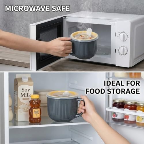 Ceramic Soup Bowl with Handle & Lid, Large 32oz Microwave Ramen Bowl