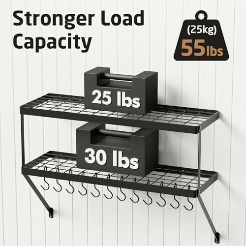 KES 2-Tier Wall Pot Rack, 30-Inch, 100 Lbs Load, Heavy-Duty, Matte Black