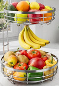 Sakugi Fruit Basket for Kitchen Counter - 2-Tier Large Capacity Fruit Bowl with Detachable Banana Hanger, Rust-Proof Metal Fruit Holder for Vegetables, Bread, Toiletry,10" D x 10" W x 14" H, Silver.