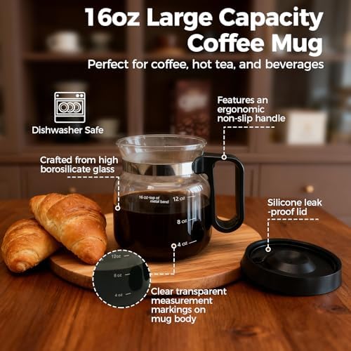 16 Oz Glass Coffee Pot Mug, Heat Resistant Clear Cup with Handle &