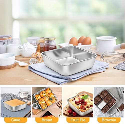P&P CHEF Square 6x6 Baking Cake Pan, 4 Pcs Stainless Steel Brownie Pan
