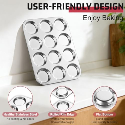 E-far 2 Pack Muffin Top Pan, 12-Cavity Stainless Steel Shallow Cupcake