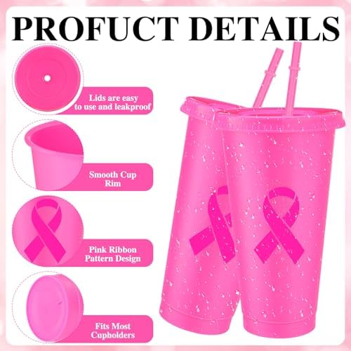 12 Pcs Breast Cancer Awareness Tumblers with Lids and Straws 24 oz