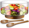 NiHome Glass Salad Bowl with Acacia Wood Salad Tongs, Large Capacity