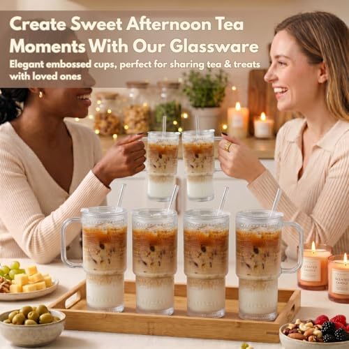 20 oz Glass Tumbler with Lid and Straw, Glass Iced Coffee Cups