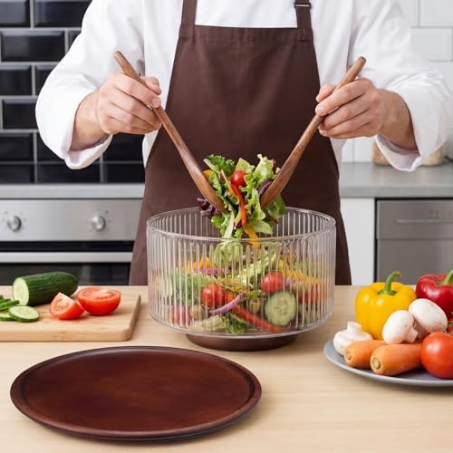 Large Glass Salad Bowl Set, Ribbed Salad Bowl with Wood Base and Lid