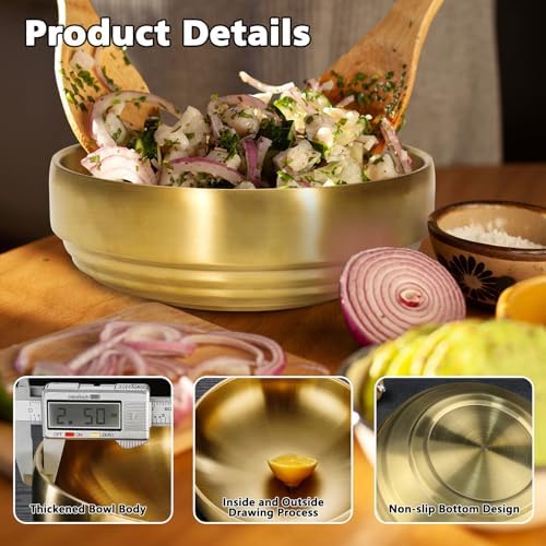 2Pcs 9" Gold 304 Stainless Steel Soup Bowl, 43Oz Deep Mixing Bowl
