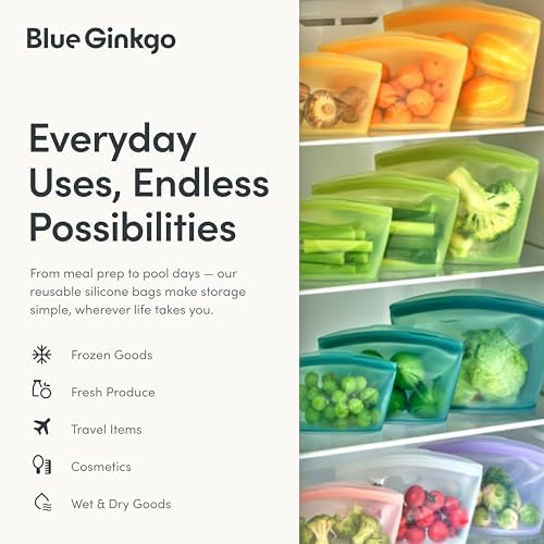 Blue Ginkgo Silicone Food Storage Bags, 4-Pack, Reusable, Made in
