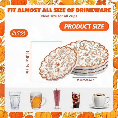 Fall Ceramic Drink Coasters Set 4 Scalloped Edge Flowers Birds Fruits