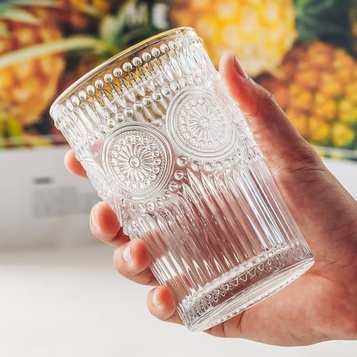 Kingrol Embossed Vintage Drinking Glasses Set of 6, 12 oz Textured