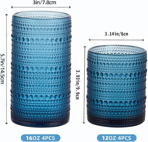 Vintage Hobnail Drinking Glasses Set of 8, Blue 16 oz Highball Glasses