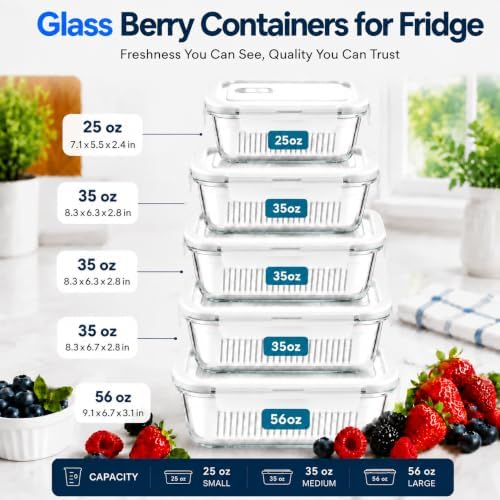 Glass Berry Containers for Fridge, 5 Pack