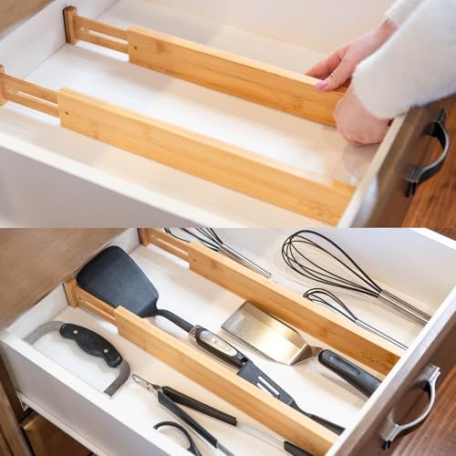 4 Pack Bamboo Drawer Dividers – Expandable 17.5–22" – Adjustable