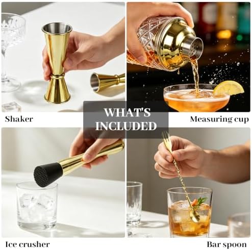 Certbuy Pineapple Glass Cocktail Shaker Set 14 oz Bartending Kit Gold