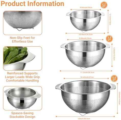 Colanders & Food Strainers,Stainless Steel Colander,3 Pcs Kitchen Strainers(2.5QT, 3.5QT, 5QT) for Pasta, Rice, Vegetables,Dishwasher Safe Metal Colander with Handles,Kitchen Gift
