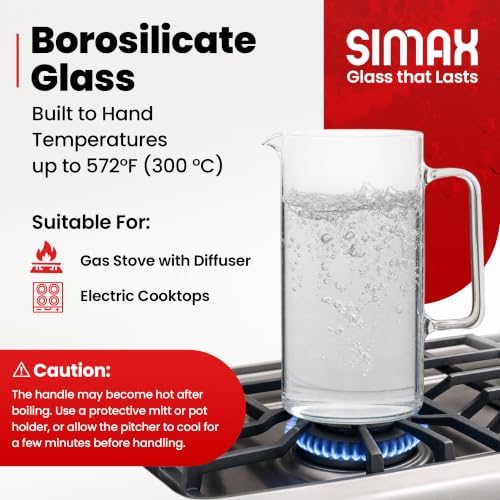 Simax Glass Pitcher, 64 Ounce (2 Quart) Borosilicate Glass, Made in