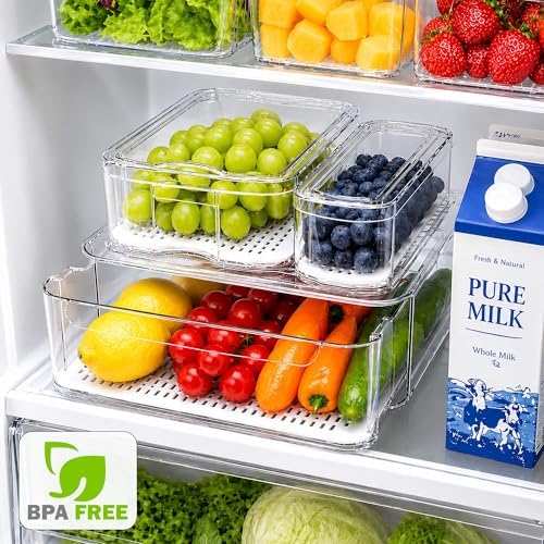 SMRCAD Clear Fridge Bins with Drain Trays - BPA-Free PET, Stackable