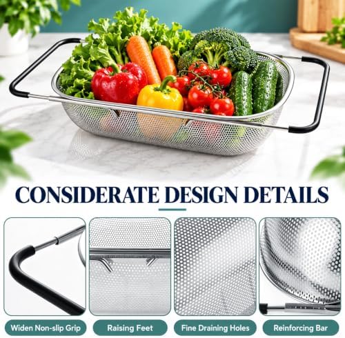 2PCS Over the Sink Colander, Expandable Stainless Steel Colander
