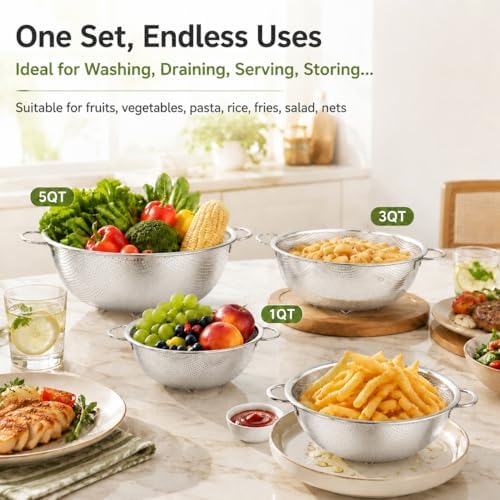 TeamFar Colander Set of 3, Stainless Steel Perforated Colander