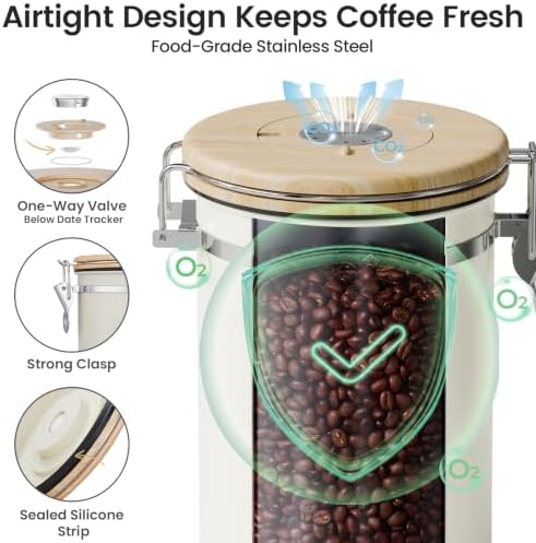 Veken Coffee Canister with Window, Airtight Stainless Steel Container