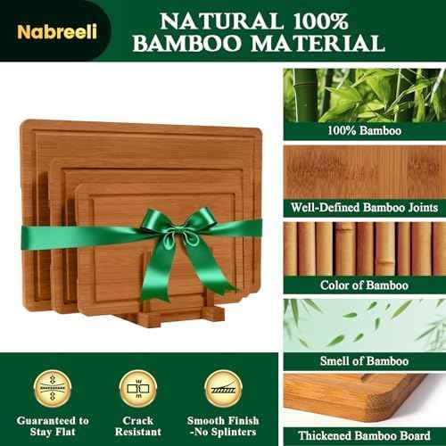 Bamboo Cutting Board Set of 3 with Stand, Carbonized Bamboo, Juice Groove
