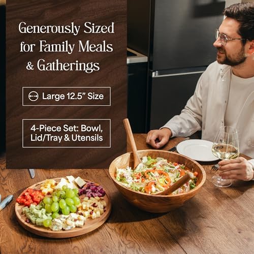 Public House Large Wooden Salad Bowl Set 12.5 Inch with Serving