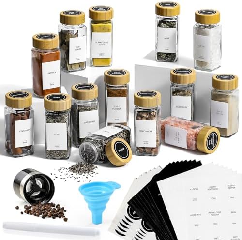 AOZITA 14 Pcs Spice Jars with Bamboo Lids - 4oz Square Spice Bottles