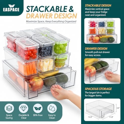10-Pack Fridge Organizer Bins with Drawer