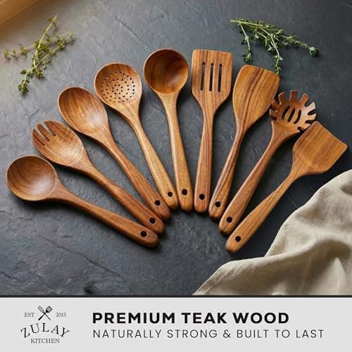 Zulay Kitchen 9-Piece Teak Wood Cooking Utensil Set