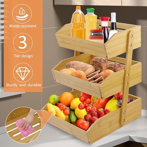 mobzio Fruit Basket for Kitchen Counter, 3 Tier Fruit Stand, Fruit Vegetable Storage Basket, Fruit Bowl for Kitchen Counter, Large Bamboo Basket Display Rack, Fruit Holder Produce Basket