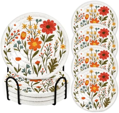 4Pcs Braided Cotton Fall Coasters with Holder, Wild Floral