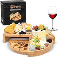 Perlli Bamboo Cheese Board & Knife Set, Large Folding 18 Inch Round Wood Rotating Charcuterie Board Set Cheese Meat Wine Serving Tray Platter, Home Decor