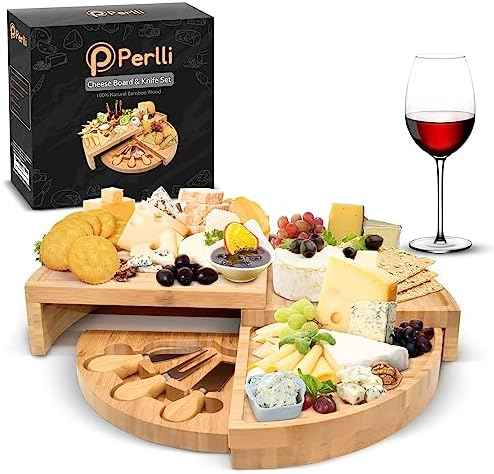 Perlli Bamboo Cheese Board & Knife Set, Large Folding 18 Inch Round Wood Rotating Charcuterie Board Set Cheese Meat Wine Serving Tray Platter, Home Decor