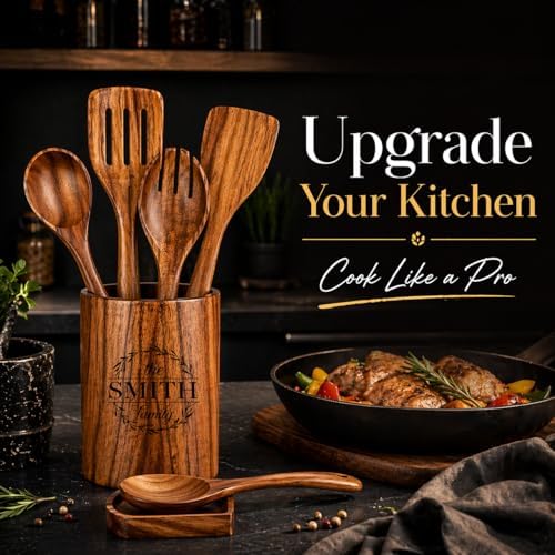 Personalized 9-Piece Wooden Spoon Set with Spoon Rest – Natural Teak