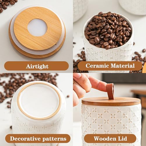 JOJUNO White Embossed Ceramic Canister 3 Piece with Airtight Bamboo